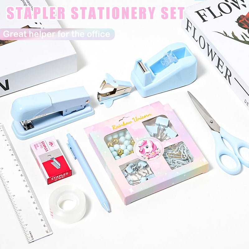 COMFYROOM Desk Accessories with Pen Holder, Office Supplies Desk Organizers and Accessories, Tape Dispenser, Stapler, Staple Remover, Staples, Clips Set, Ruler, Scissor, Pen, Tape (Blue) - Image 2